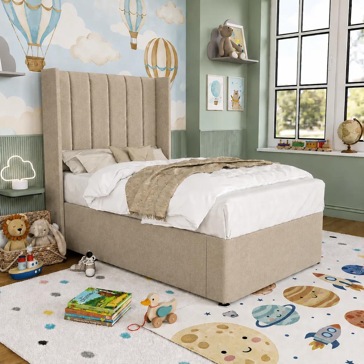 Rose Velvet Kids Wingback Bed in Almond Coniston