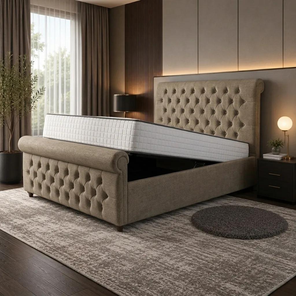 Crystal Chester Upholstered Ottoman Bed in Almond Coniston