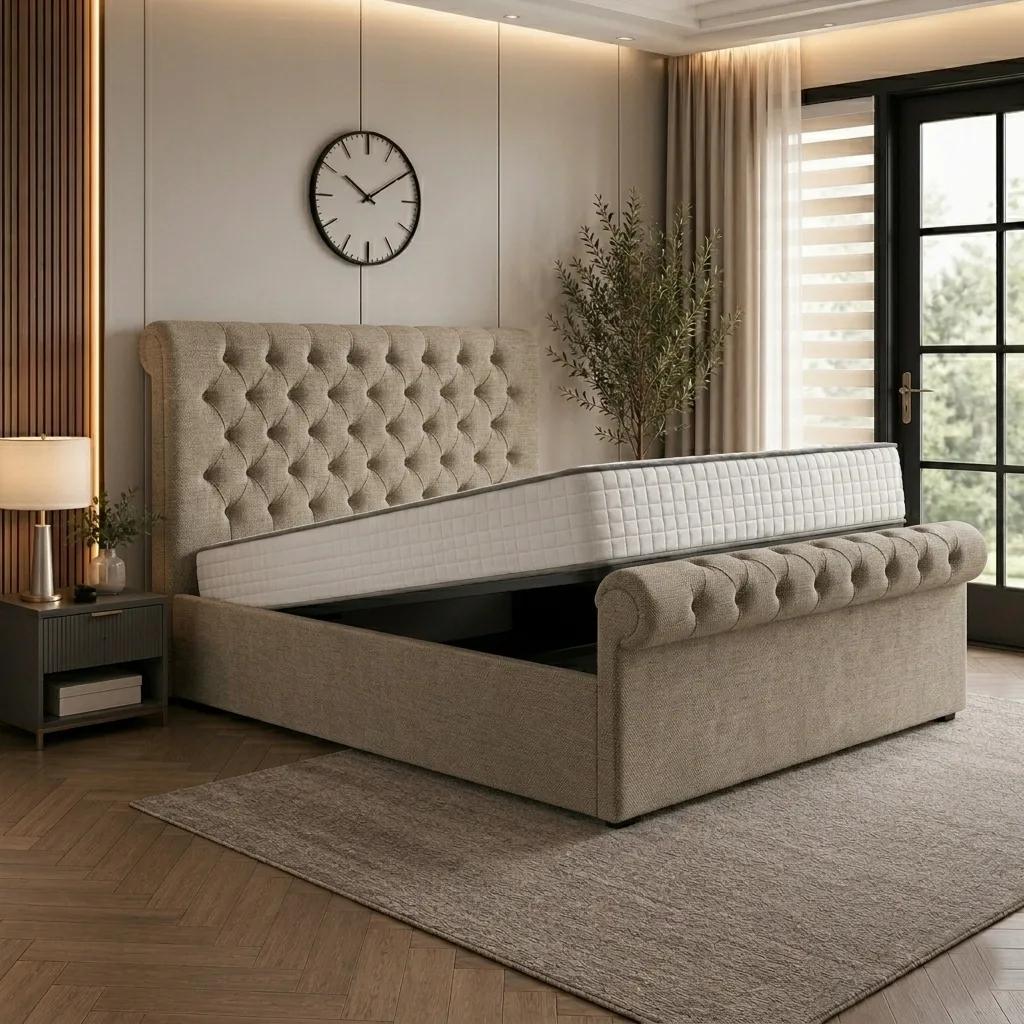 Diamond Crest Upholstered Ottoman Bed in Almond Coniston