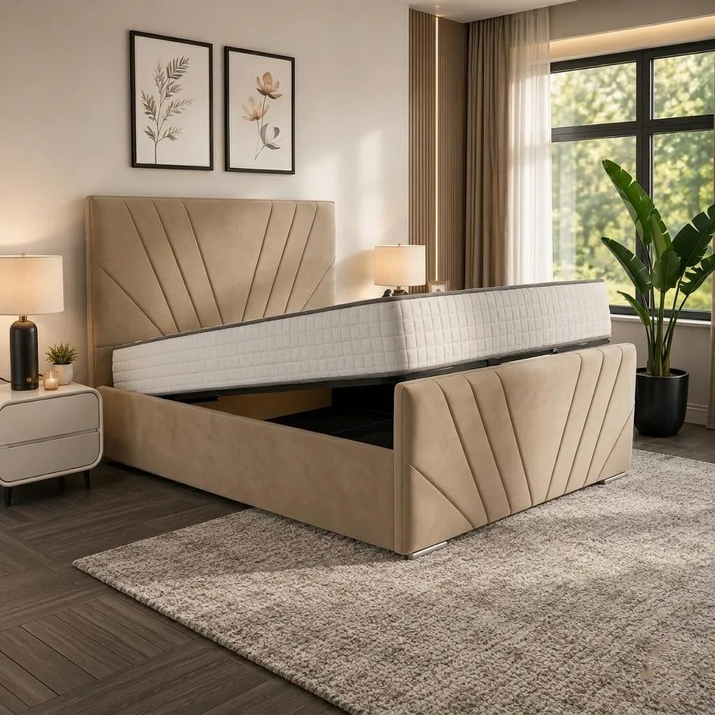Emerald Stripe Upholstered Ottoman Bed in Almond Coniston