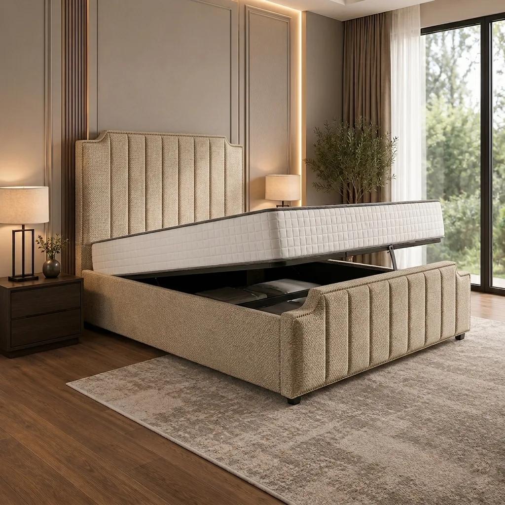 Ivory Winged Upholstered Ottoman Bed in Almond Coniston
